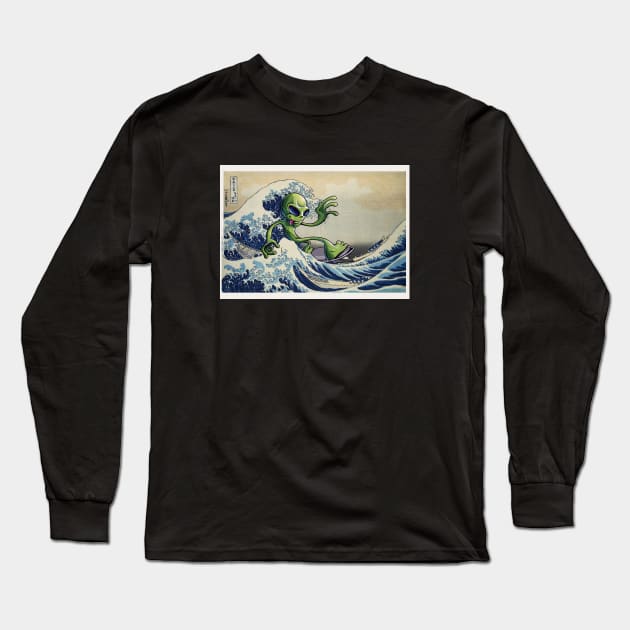 Alien surfing the Great Wave Off Kanagawa. Martian surfer. Long Sleeve T-Shirt by Teessential